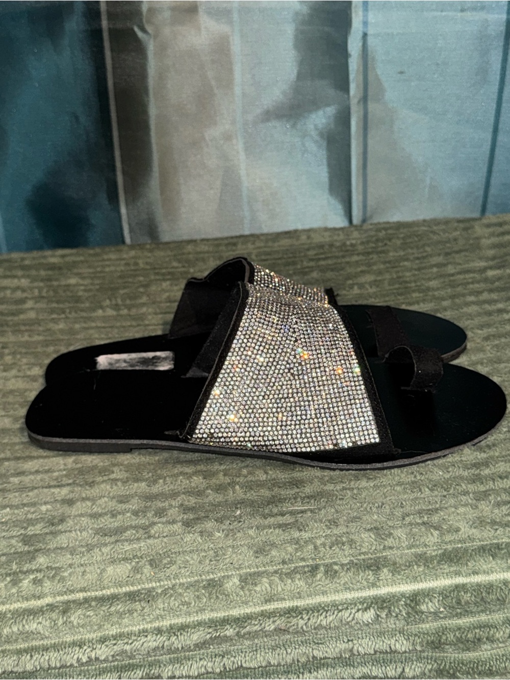 Women's Black Slide Sandals with Sparkling Crystal Strap